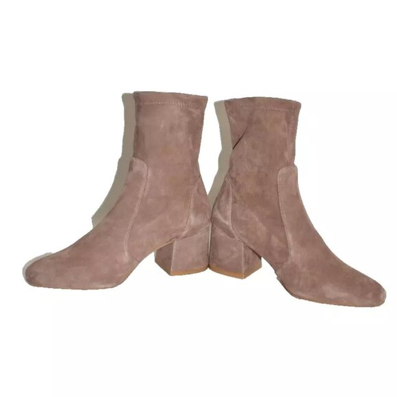 $700 STUART WEITZMAN Flareblock 60MM Suede Booties SQUARE TAUPE SOCK 11.5 (PB22) - Picture 4 of 8
